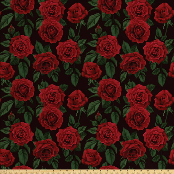 Rose Fabric by The Yard, Valentine's Day Retro Style Petals with Leaves ...