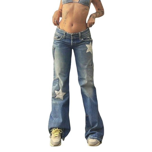 Fortune Jeans Taille Basse pour Femmes, Pantalons Longs à Jambe Droite à Motifs d'Étoiles Pantalons Rétro