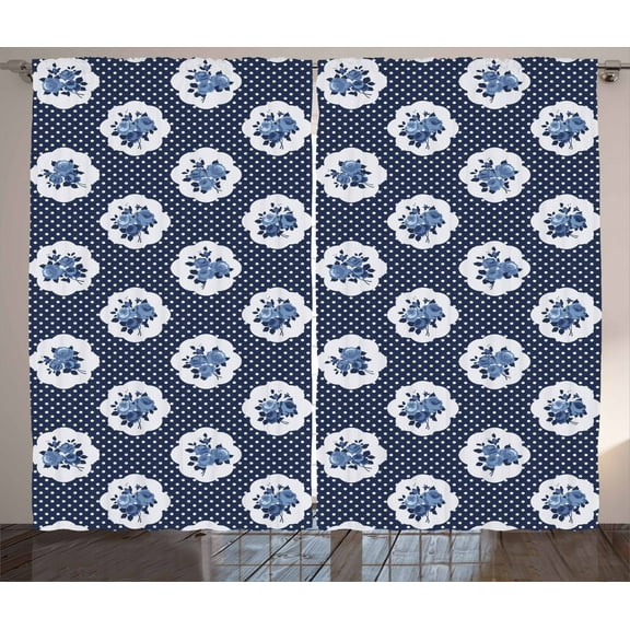 Ambesonne Shabby Flora Curtains 2 Panel Set, Motifs Dots Flowers, 108" x 63", Dark Blue White