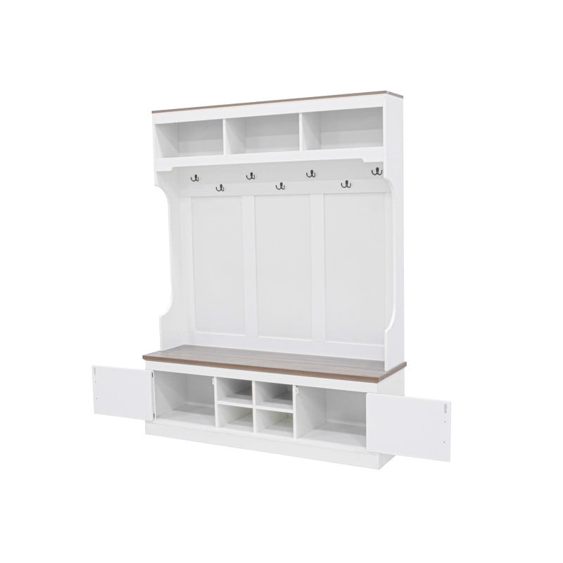 5-in-1 Farmhouse Hall Tree Bench and Shoe Storage, Entryway Storage Organizer Cabinet with Coat Rack,4 Shoe Cubbies & 7 Hooks for Hallway, Entryway, Living Room