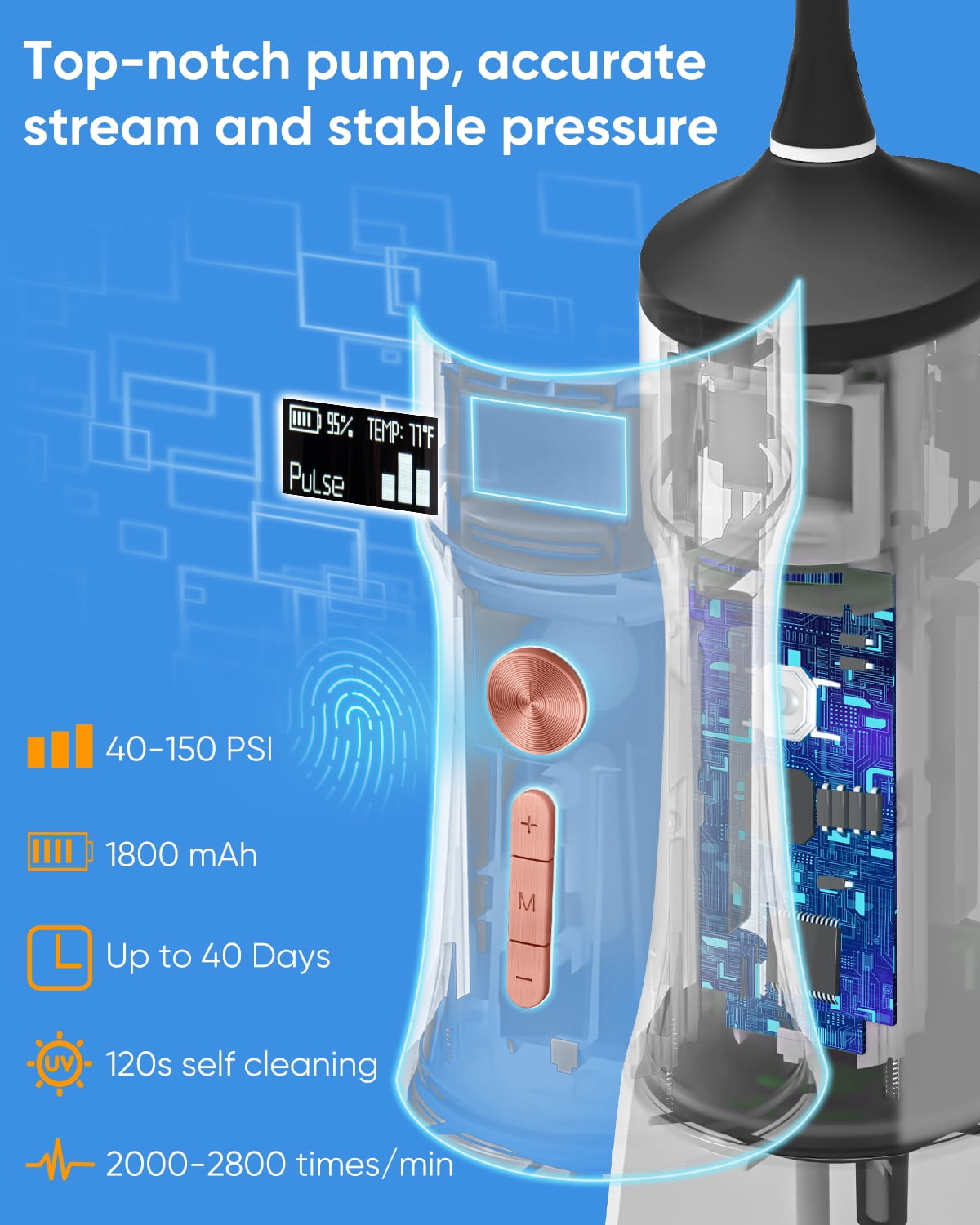 MySmile LP221 OLED Cordless Water Flosser with UVC Sterilizer Light, Portable Oral Irrigator Electric Dental Flosser Picks for Teeth Cleaning, Braces, Gums, 5 Modes, 8 Jet Tips, Travel Bag, Black