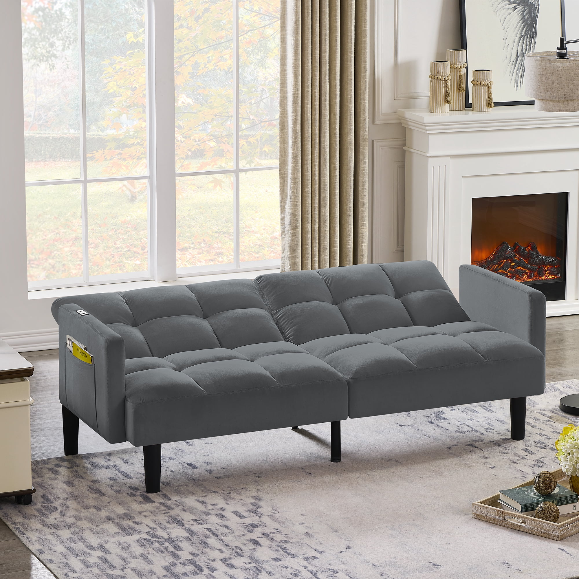 Gewnee Futon Sofa Bed, 2-Seat Velvet Convertible Couch with Position Adjustable Back, Ideal for Small Apartments, Living Rooms, Guest Bedrooms & Dorm Rooms，Gray