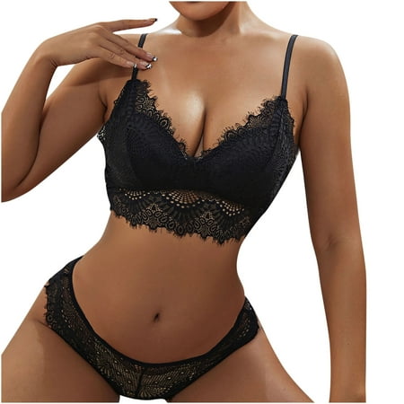 

kakina CMSX Clearance Women s Embroidery Lingerie Sleepwear Lace Split Sexy Underwear 2-piece Set Underwear Tops+Briefs Black XL
