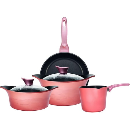 

Cheliq Luxury - Cast Aluminum Complete Cookware Set - < Premium Design > - Nonstick All Stovetops (Ametist) (Induction) (8 Pcs - Rose Gold)