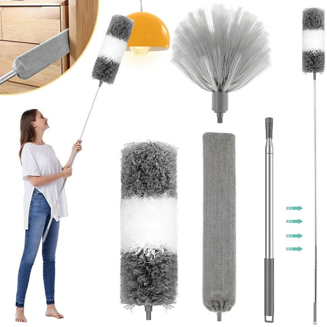 Feather Duster Bendable Scratch Free Microfiber Duster with 16-98 Inch Telescopic Pole Detachable Washable Dust Cleaning Tool for Cleaning Cobwebs High Ceilings Cars Furniture