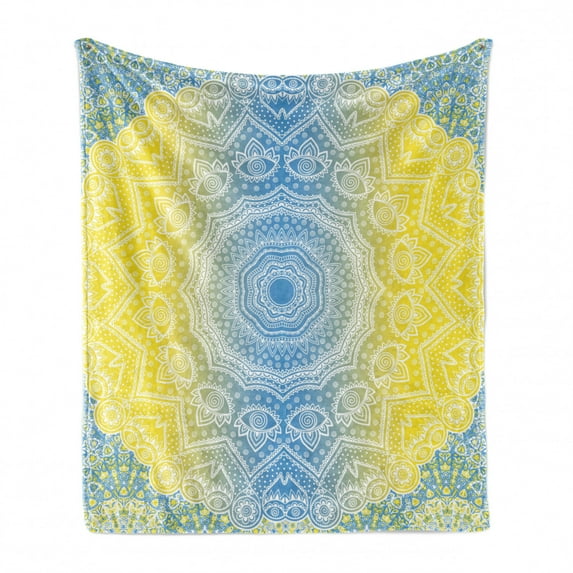 Blue and Yellow Soft Flannel Fleece Blanket, Ombre Mandala Design Tribal Chinese Esoteric Pattern Mystic Universe Print, Cozy Plush for Indoor and Outdoor Use, 60" x 80", Blue Yellow, by Ambesonne