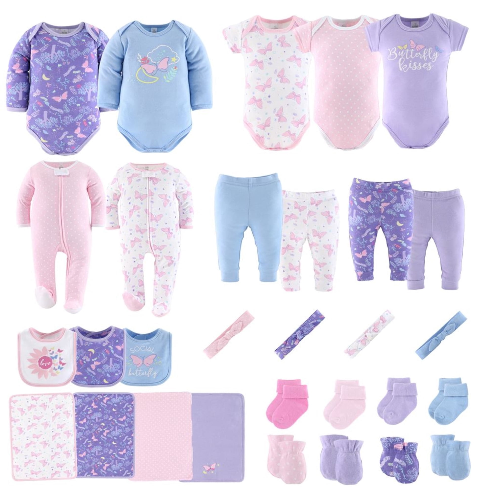 The Peanutshell Baby Girl Purple Pink Butterfly Cotton Layette Gift Set, Baby Clothes Essentials, 30-Piece