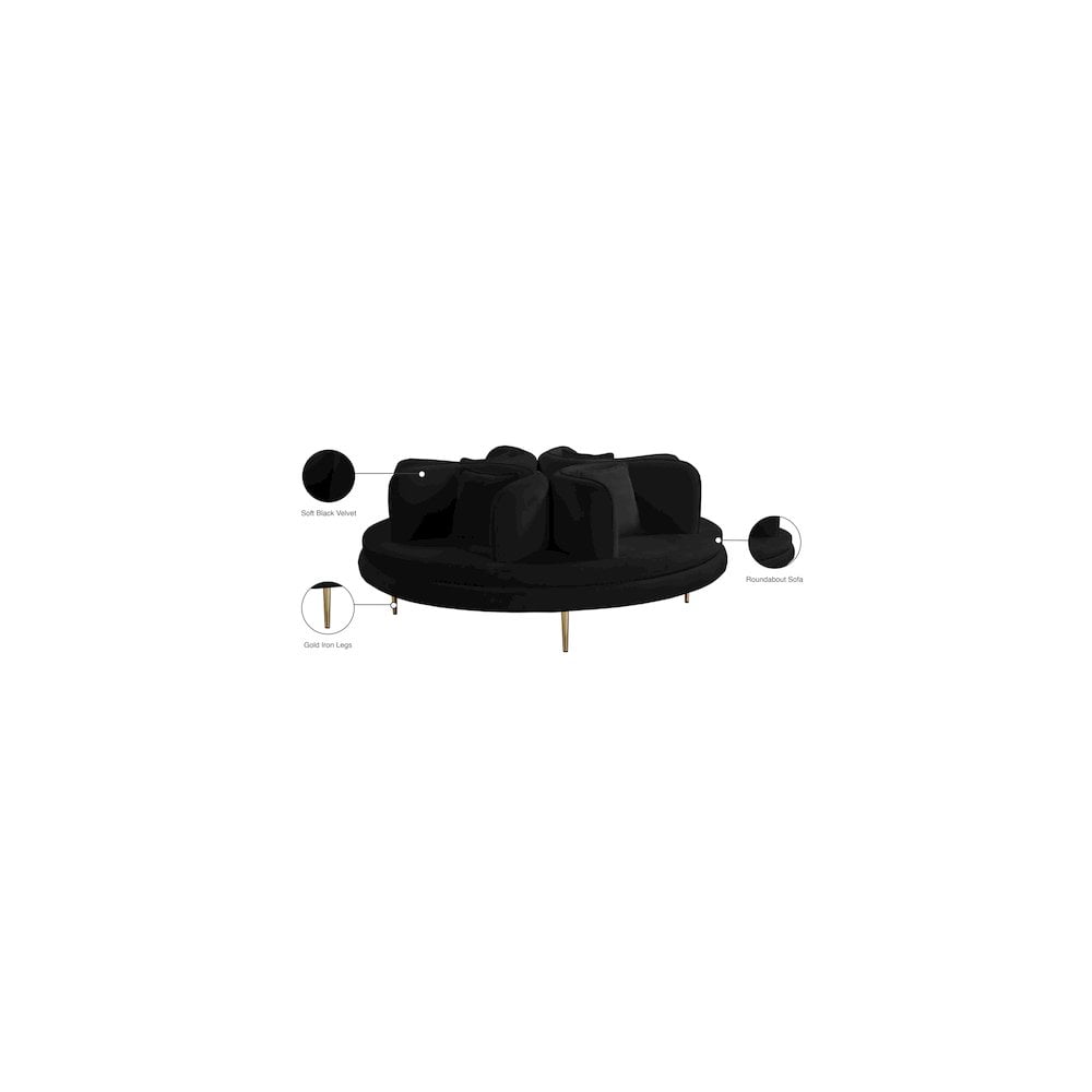 Meridian Furniture Circlet Roundabout Sofa with Pillows, Black Velvet and Gold Iron Legs