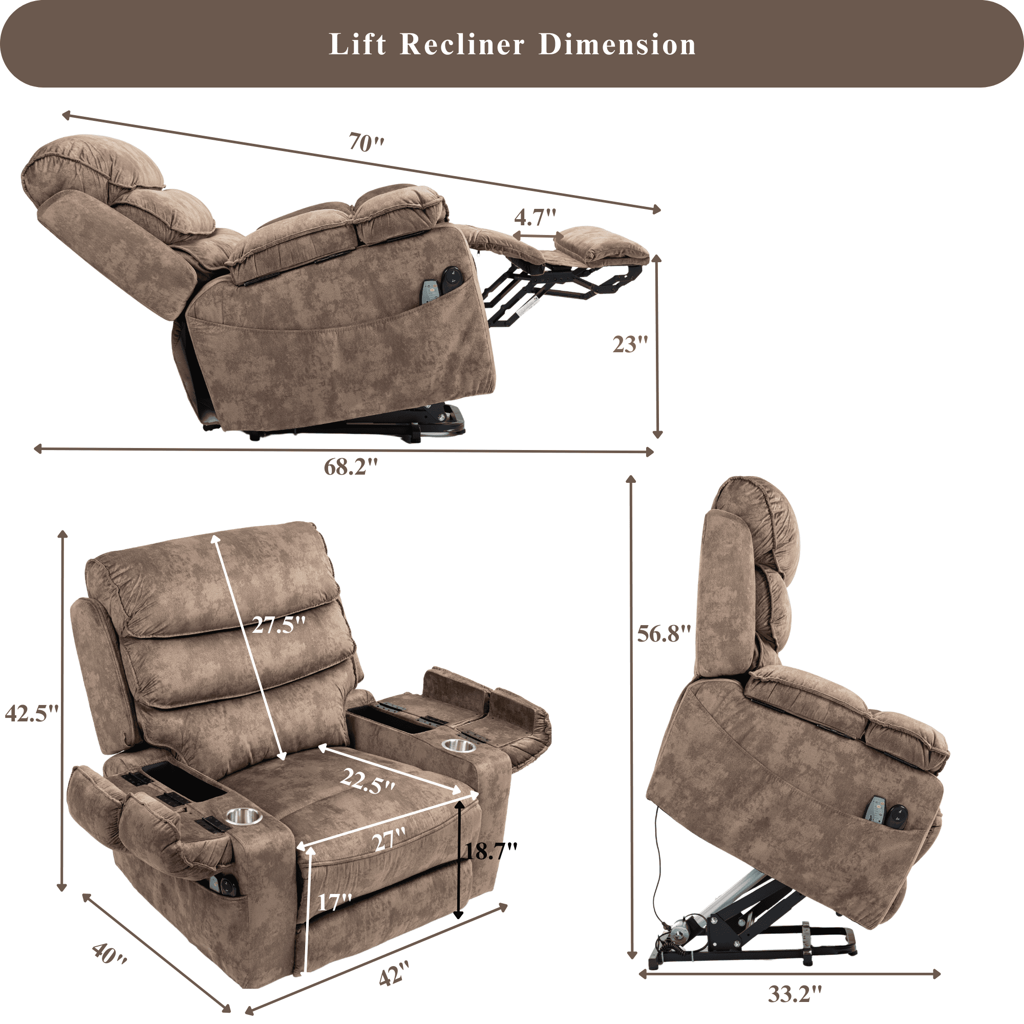 Oversized Recliner Chair 27-inch Wide Seat with Extended Footrest - Power Lift Recliner for Elderly with Heat Massage - Flip Arm Storage Cup Holders 350 lbs