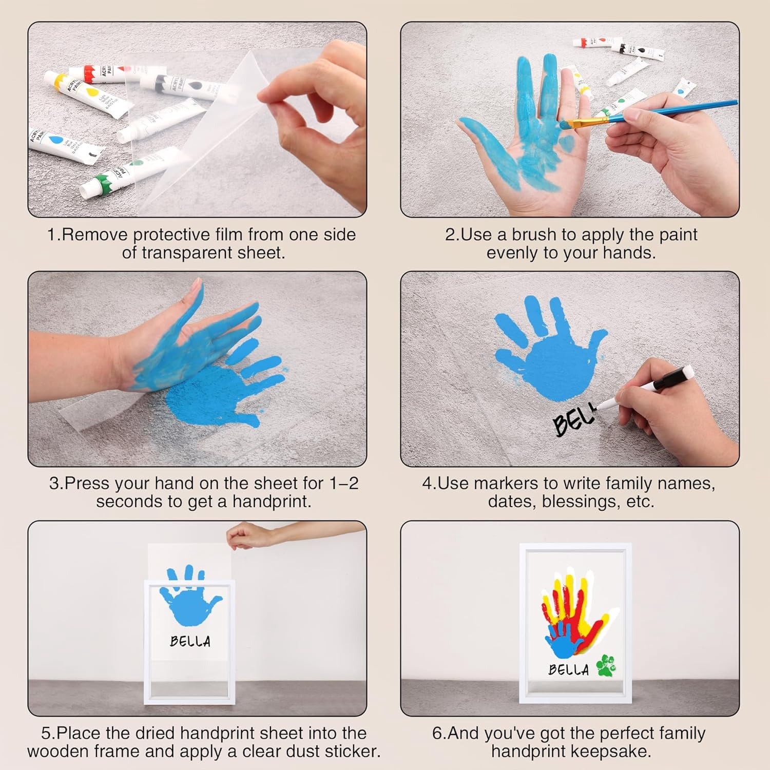 Family Handprint Kit, DIY Craft Keepsake Frame, Baby Hand Print Kits, Family Gifts for New Mom, New Parents, Grandparents, Father's Day, Mother's Day, Anniversary, 6 Non -Toxic Paints (White)