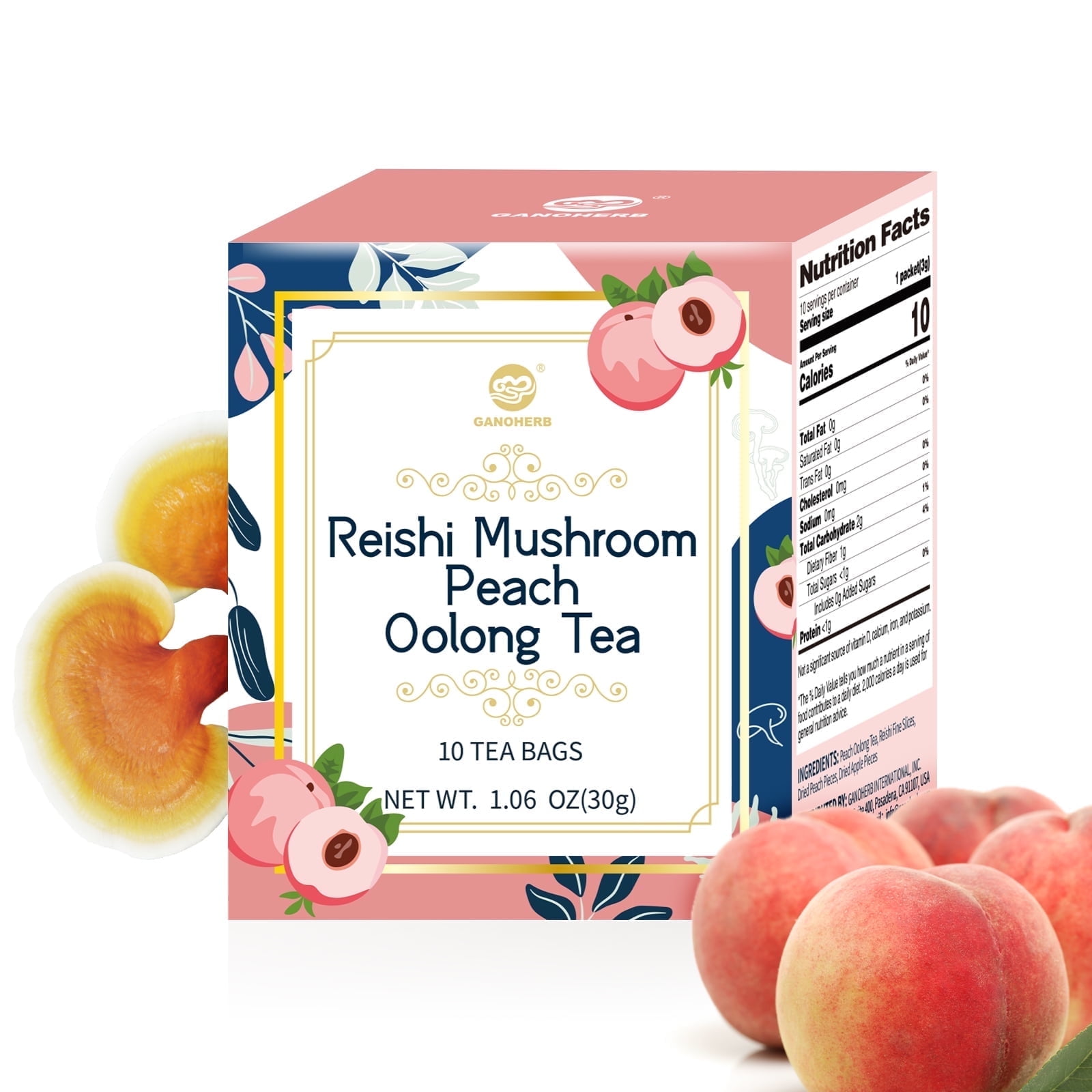 GANOHERB Reishi Mushroom Peach Oolong Tea, Adaptogen Ganoderma Lucidum Herbal Tea for Immune Boost, Stress Relief, Caffeine-Free, No Sugar, 1.06 OZ