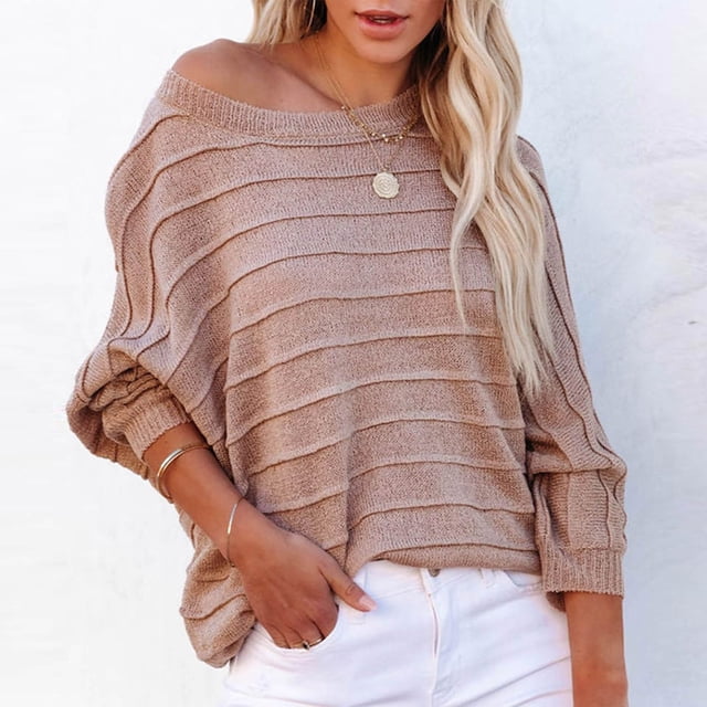 Suéter de cuello redondo para mujer, otoño/invierno, jersey con hombros descubiertos, suéter de punto holgado con cuello redondo, suéter para mujer