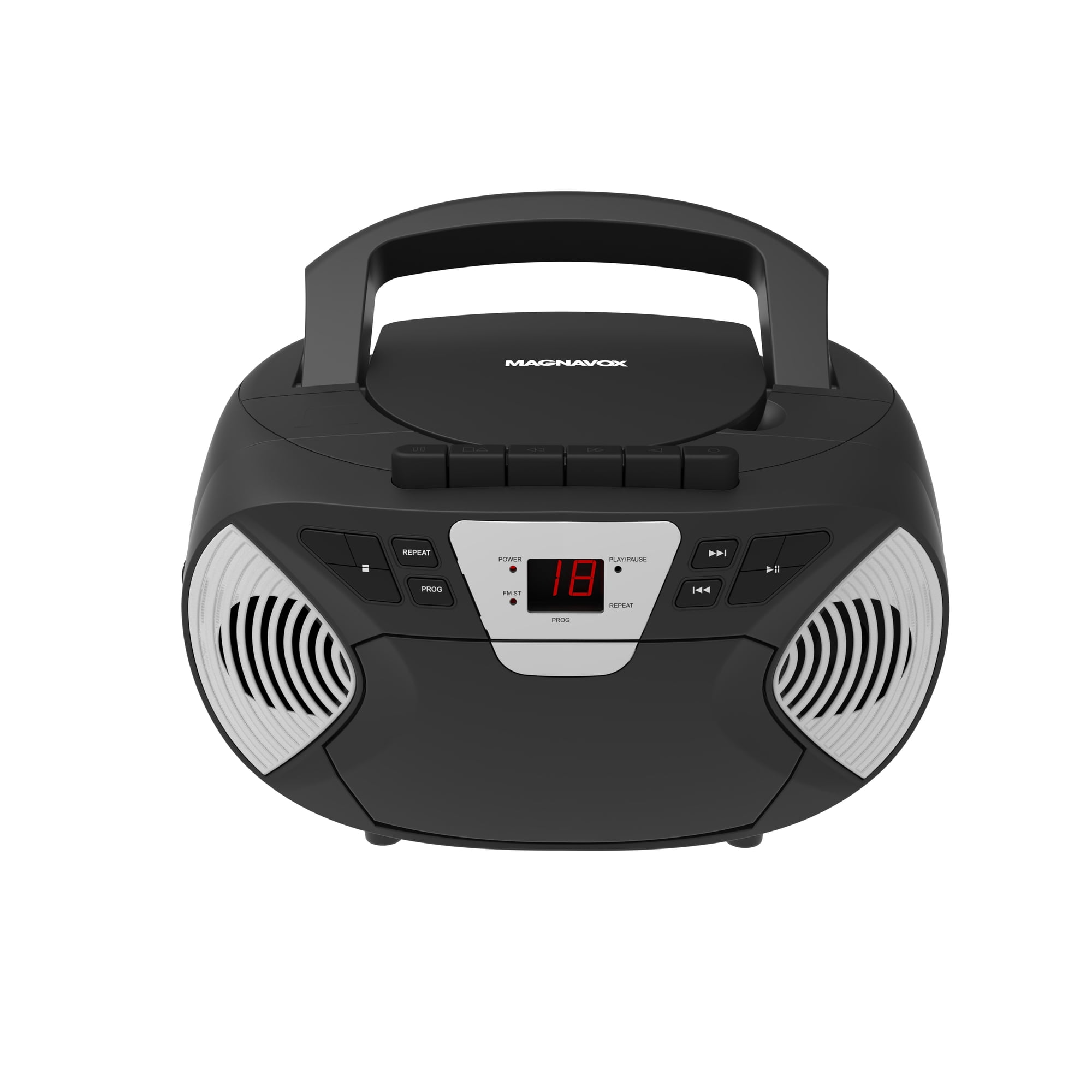Magnavox Portable CD Cassette Boombox with AM/FM Radio, CD Player with Programmable Tracks, AUX Input, LED Display, AC/DC Power, Battery Operated Boombox