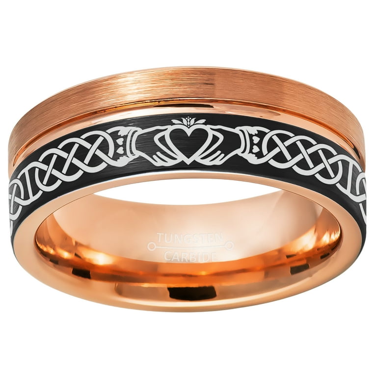 Celtic Claddagh Tungsten Ring 2-Tone Black IP Rose Gold Pipe