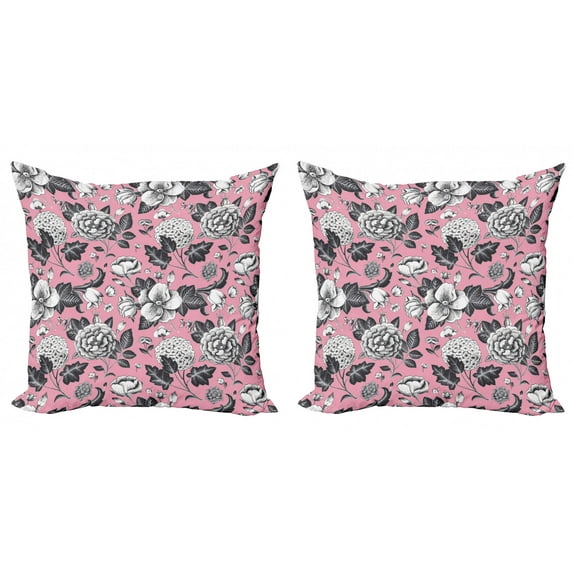 Ambesonne Floral Throw Pillow Cover 2 Pack, Vintage Garden Flowers, 20", Coral Black and White