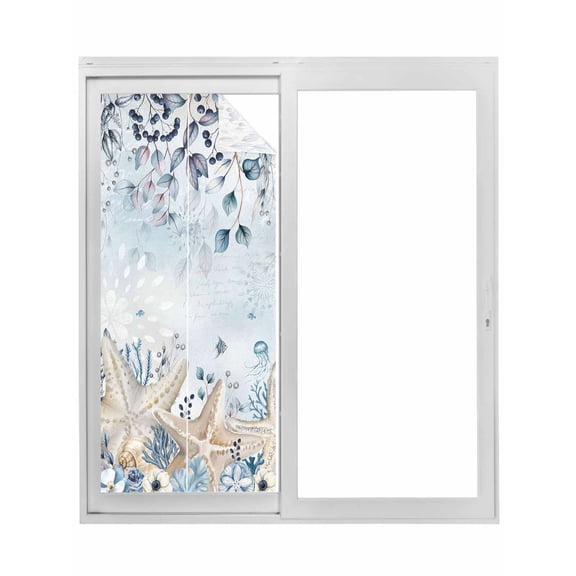 Blue Beige Coastal Window Privacy Film, Beach Starfish Summer Eucalyptus Ombre Static Cling UV Sun Blocking Tint Film Heat Control Windows Films for Bedroom Bathroom, Window Stickers 17.7"x39.3"