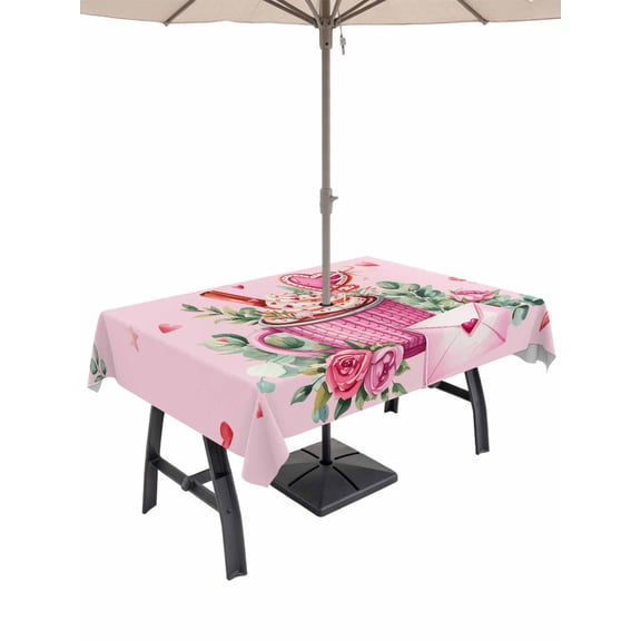 Outdoor Tablecloth with Umbrella Hole and Zipper, Valentine's Day Rectangle Table Cloth 60x120 Inch Waterproof Tablecloth, Pink Romantic Ice Cream Eucalyptus Leaves Picnic Table Cover for Patio