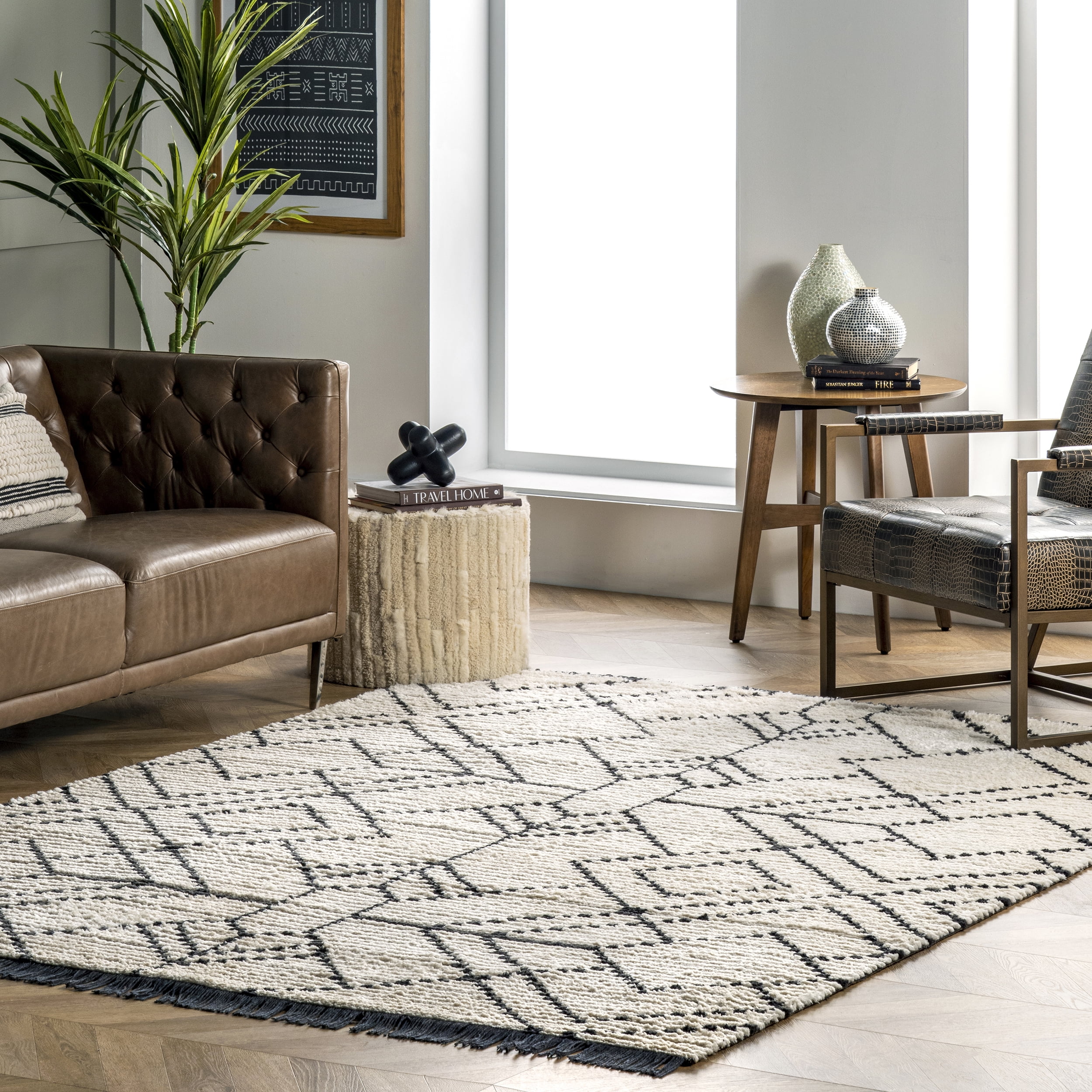 nuLOOM Rubena Soft Shag Diamond Trellis Fringe Area Rug, 8' 10' x 12', Beige