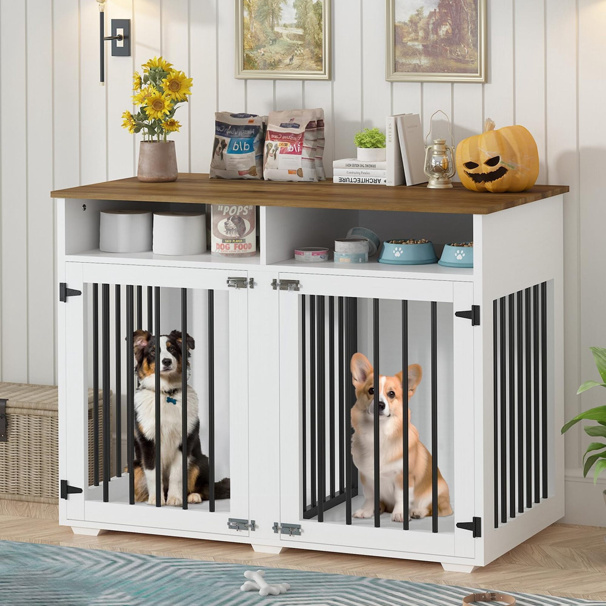 41" White Farmhouse 2-Lockable Door Dog Crate with Storage Shelves – Sturdy Indoor Kennel for 2 Small/Medium Dogs, Removable Divider Included