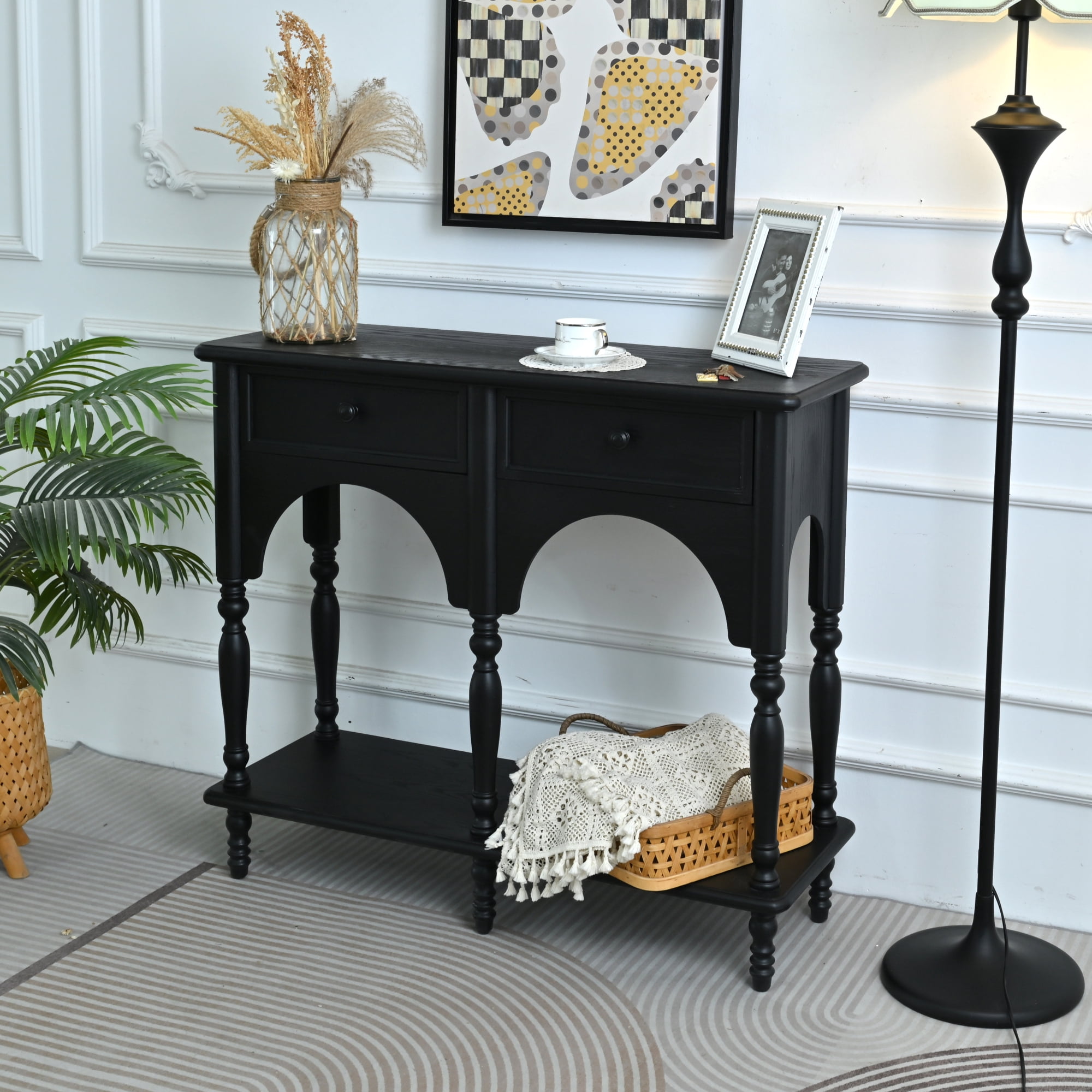 Leumius 39.37" Accent Distressed Black Solid Wooden Table, Classic Arched Design Turned Legs Storage Console Table with Open Shelf and 2 Drawers for Living Room