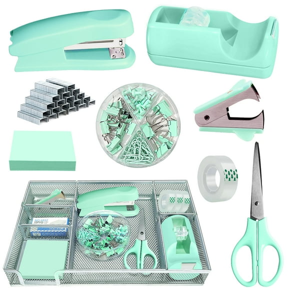 Green Office Desk Accessories, Green Office Supplies Set, Stapler and Tape Dispenser Set,Tape,Staple Remover, Staples, Paper Clips, Scissor and Sticky Note,Gifts for Women Office Clerks