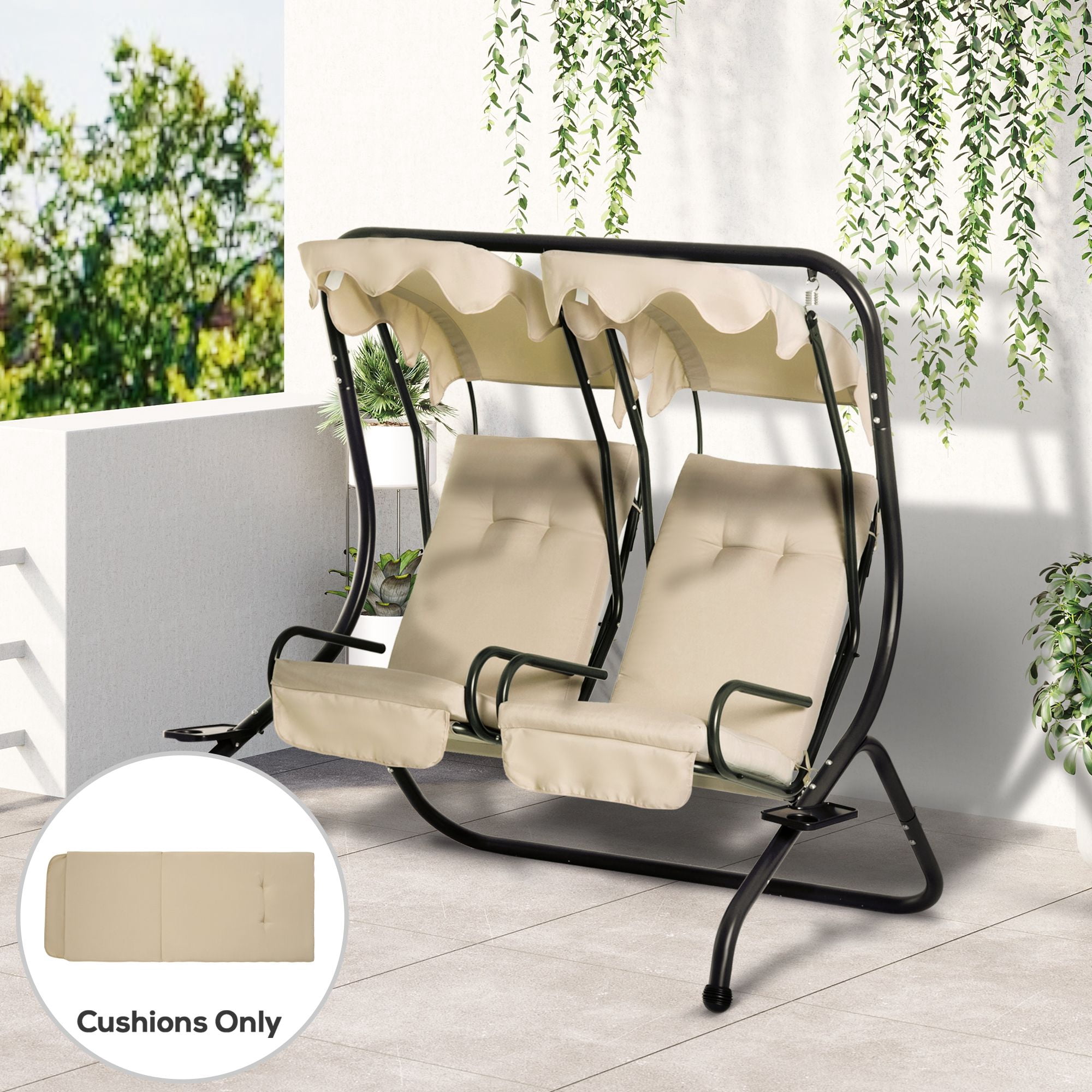 Outsunny 2-Piece Beige Outdoor Porch Swing Cushion Set, Tufted Polyester Seat and Backrest Replacement Cushions with Foam, 48.75" L x 21.75" W for Patio Furniture and Gardens