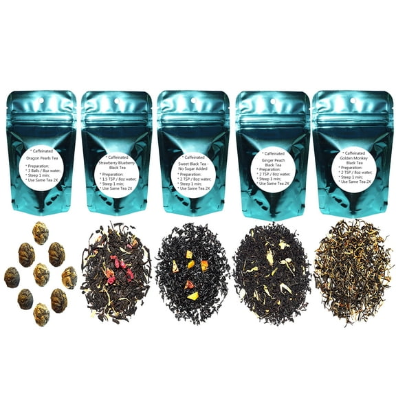 5 Black Tea Samplers, Caffeinated, Sweet Black Tea (No Sugar Added), Dragon Pearls Tea, Golden Monkey Tea, Ginger Peach Tea, Strawberry Blueberry Tea, Loose Leaf Tea