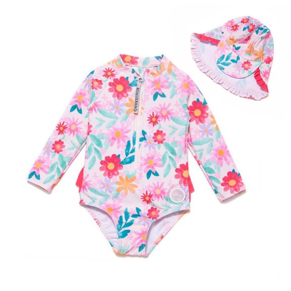 BONVERANO Baby Girls Swimsuit UPF 50  Sun Protection, Long Sleeve Zipper One Piece Swimwear, Ruffle Toddler Bathing Suit（Pink Flower 3-6months）