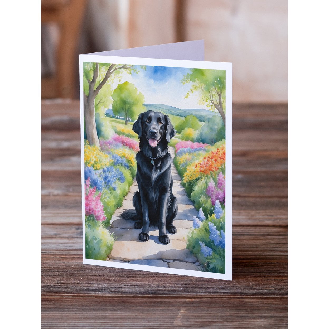 Flat-Coated Retriever Spring Path Greeting Cards Pack of 8 7 in x 5 in