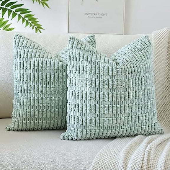 Eryueer Set of 2 Corduroy Soft Striped Cushion Covers 45x45 cm Decorative Throw Pillow Covers Square Cushion Case Home Boho Decor Pillow Cases for Couch Sofa Bedroom 18x18 Inch (Light Blue Green)