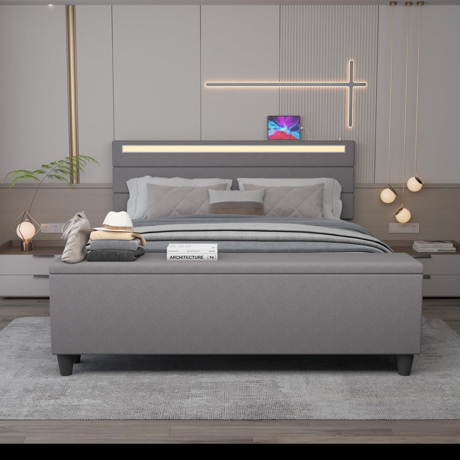 Kallabe King Bed Frame with Storage Ottoman and LED Light Headboard, Upholstered Platform Bed with 2 USB Ports, Grey