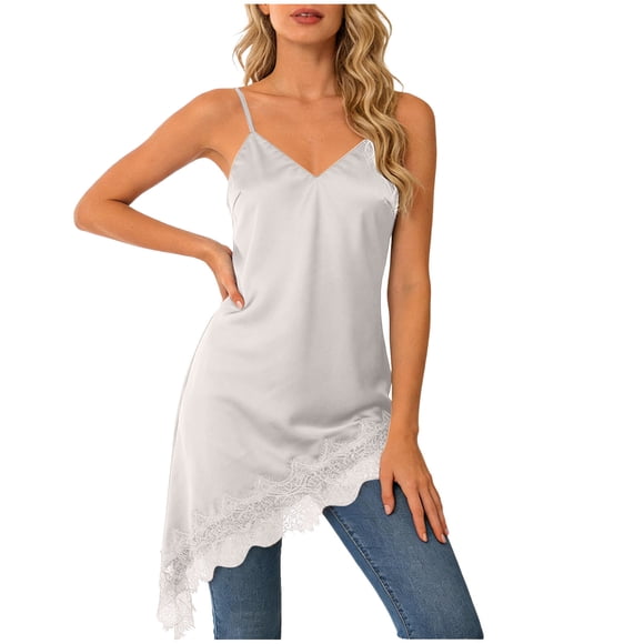 DXOUPM Tank Tops for Women Lace Long Camisole Spaghetti Strap V Neck Irregular Hem Trendy Blouse