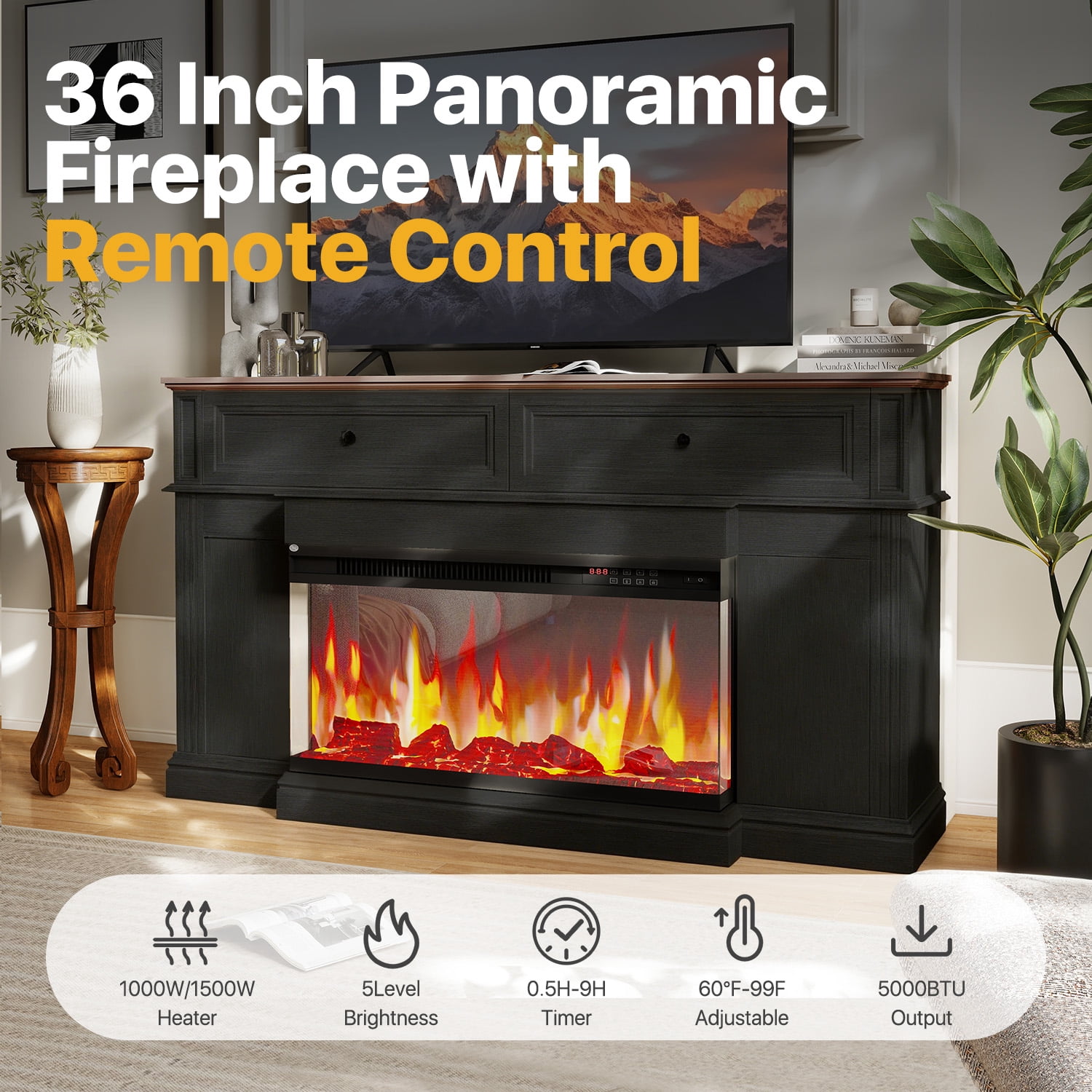 BaPiPro 63" Fireplace TV Stand for TVs up to 70", 36" Triple-Sided Electric Fireplace Entertainment Center, Vintage Farmhouse TV Console for Living Room, Black