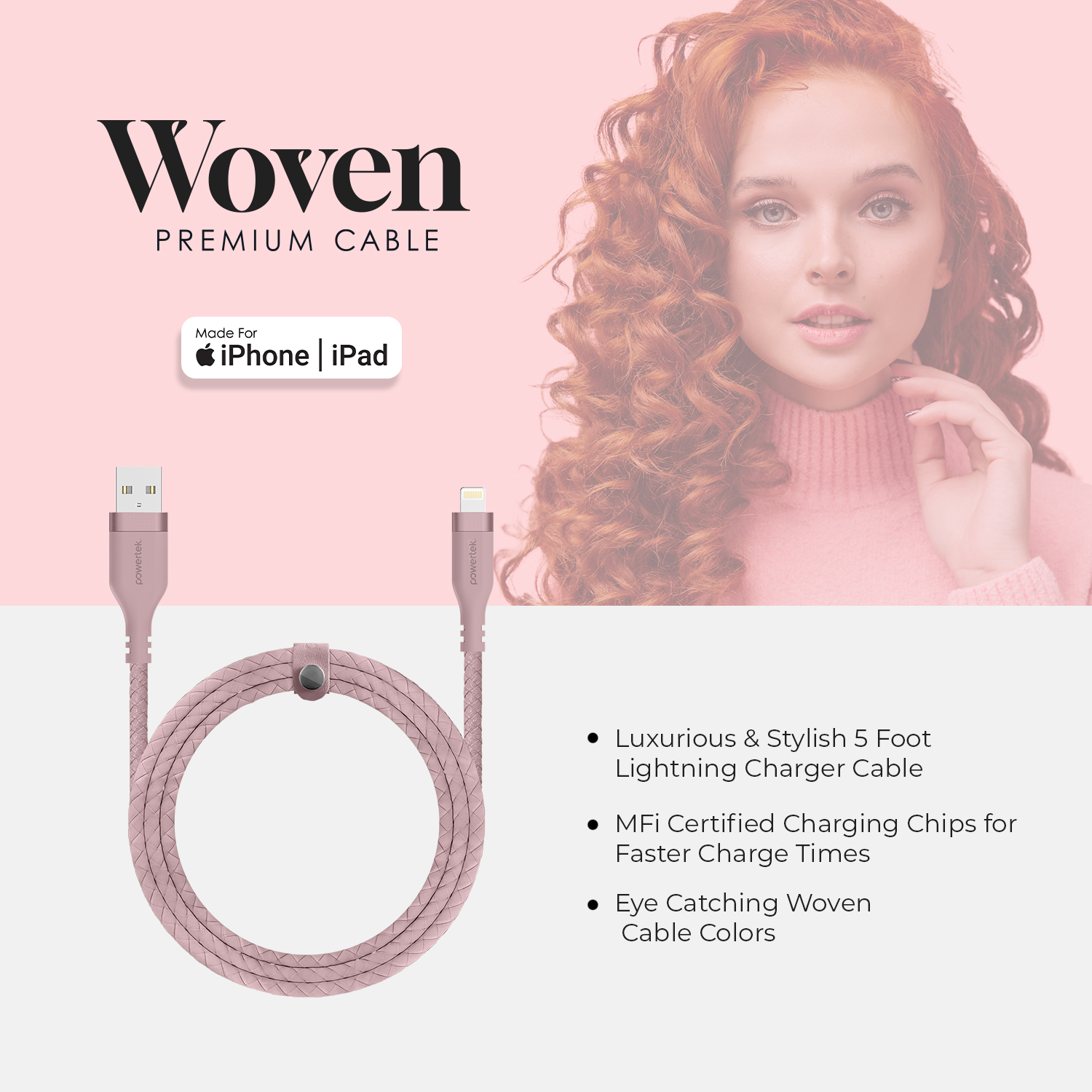 Liquipel Powertek USB-A to Lightning Woven Cable - Pink