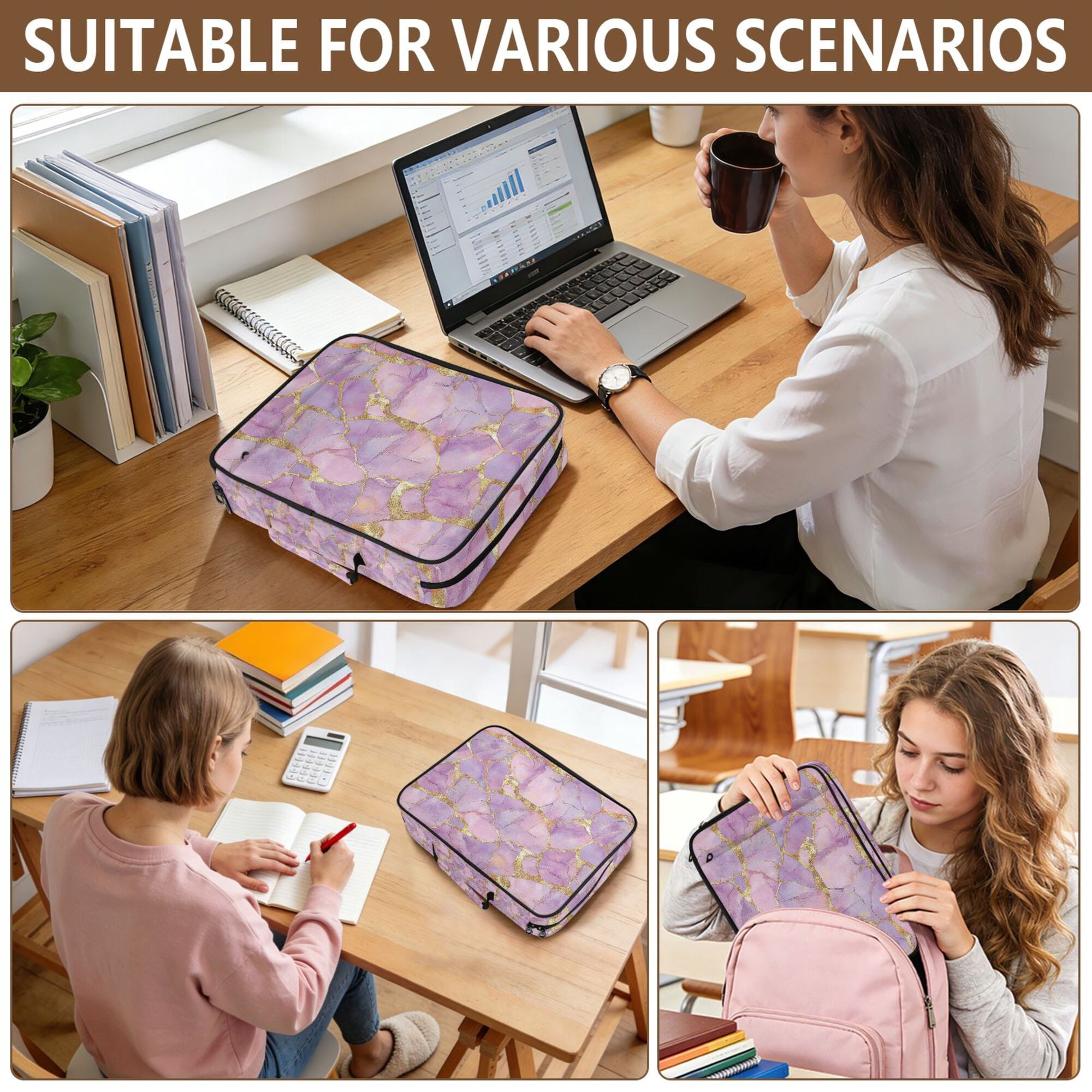FORMRS Accordion File Folder A4 Size 7-Pocket Expanding Document Organizer Bag with 3 Ring Binder, Pastel Pink Marble Pattern