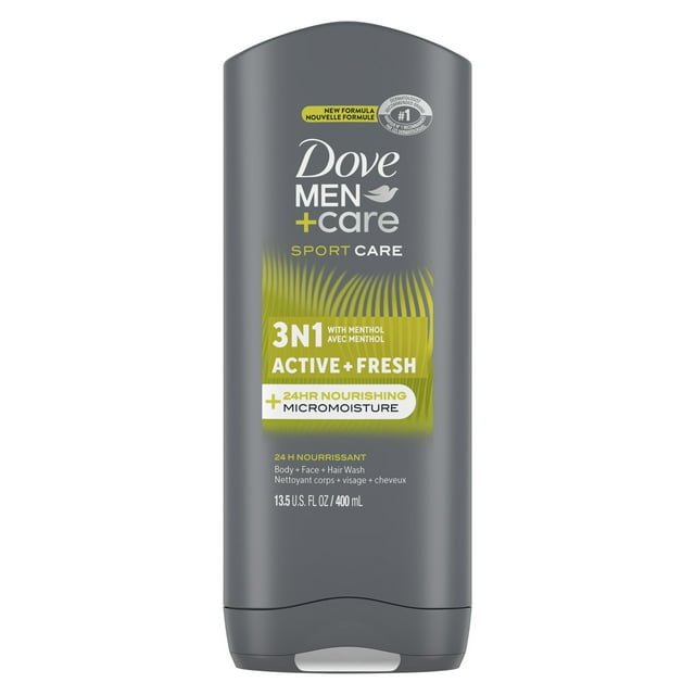 Dove Men+Care avec la Technologie Micromoisture Nourrissante 24 Heures Réénergisant Actif + Frais 3 en 1 Nettoyant pour le Corps et le Visage