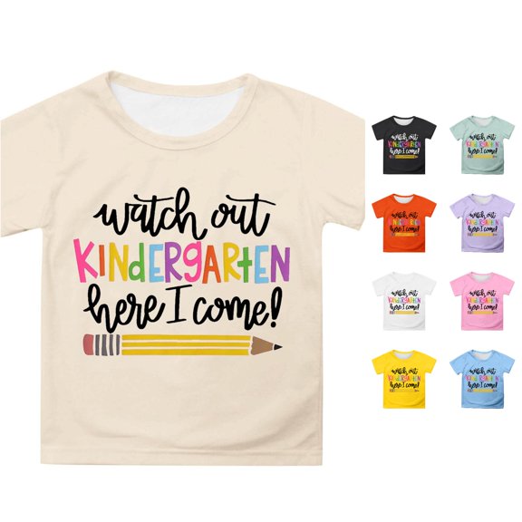WEIGFI Toddler Kid Girls Back To School Tee Kindergarten First Day Of School Clothes Letter Graphic Short Sleeve Crew Neck Casual Daily Wear Summer Sweet Beach Tops,Beige,3-4 Years