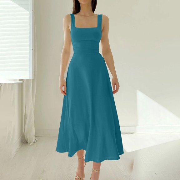 Bnwani Elegant Dresses for Women,Summer Dresses,V-Neck,Cinched,Slim Fit,Sleeveless,Blue,2XL