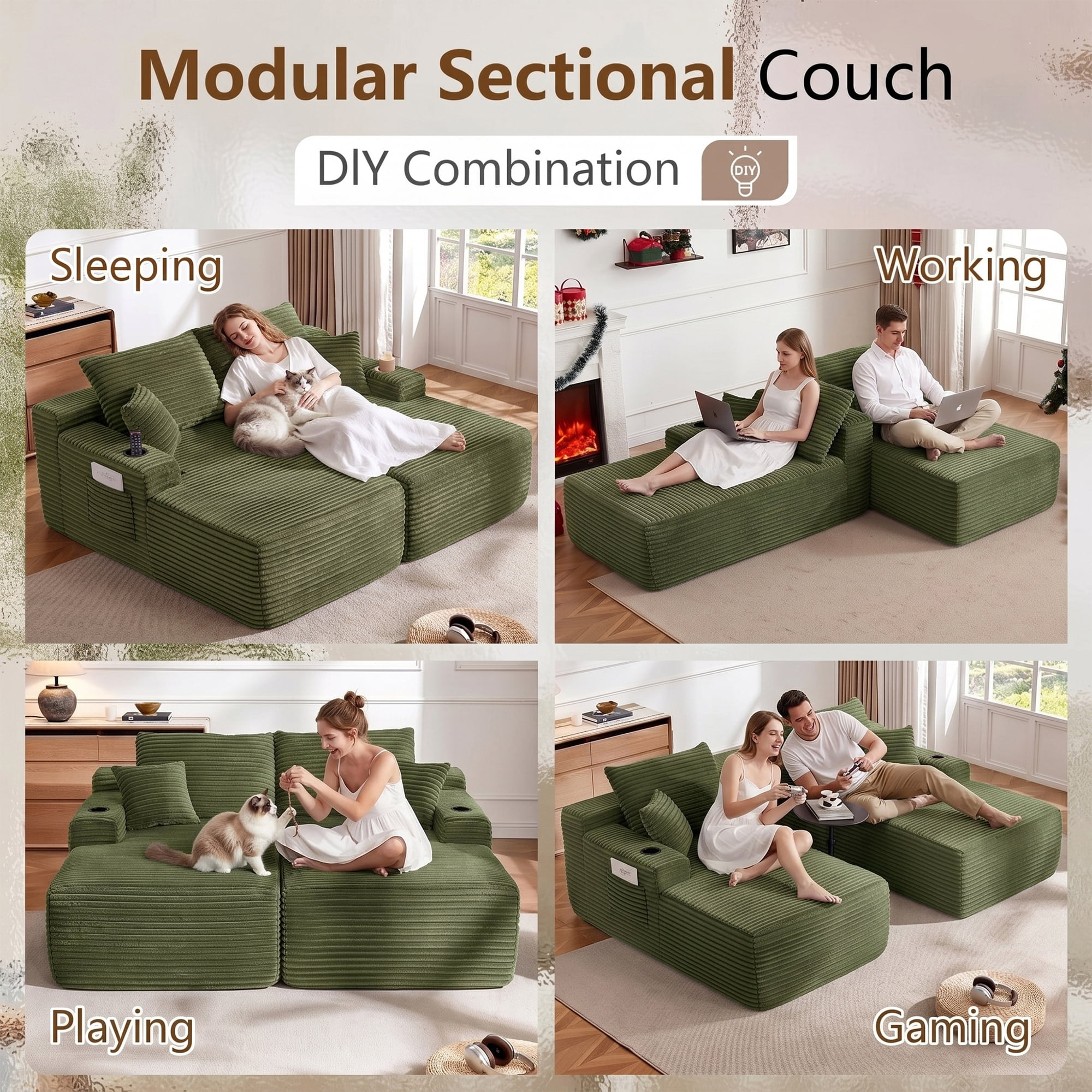 Aukfa 69" Oversized Double Chaise Lounge Boneless Couch Modular Loveseat Sleeper Sofa Bed for Living Room, 2 Cup Holders, Corduroy, Green