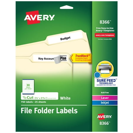 Avery White Filing Labels - Avery File Folder Labels, TrueBlock Technology, Permanent Adhesive, 2/3