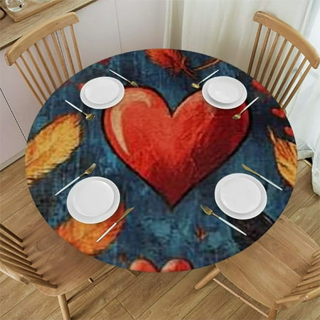 

Sheronv Hearts Feathers Birds Round Table Cover Stain Resistant Washable - Indoor Outdoor Kitchen Dining Wedding Parties 100％ Polyester Tablecloth Table Cover 38 -42
