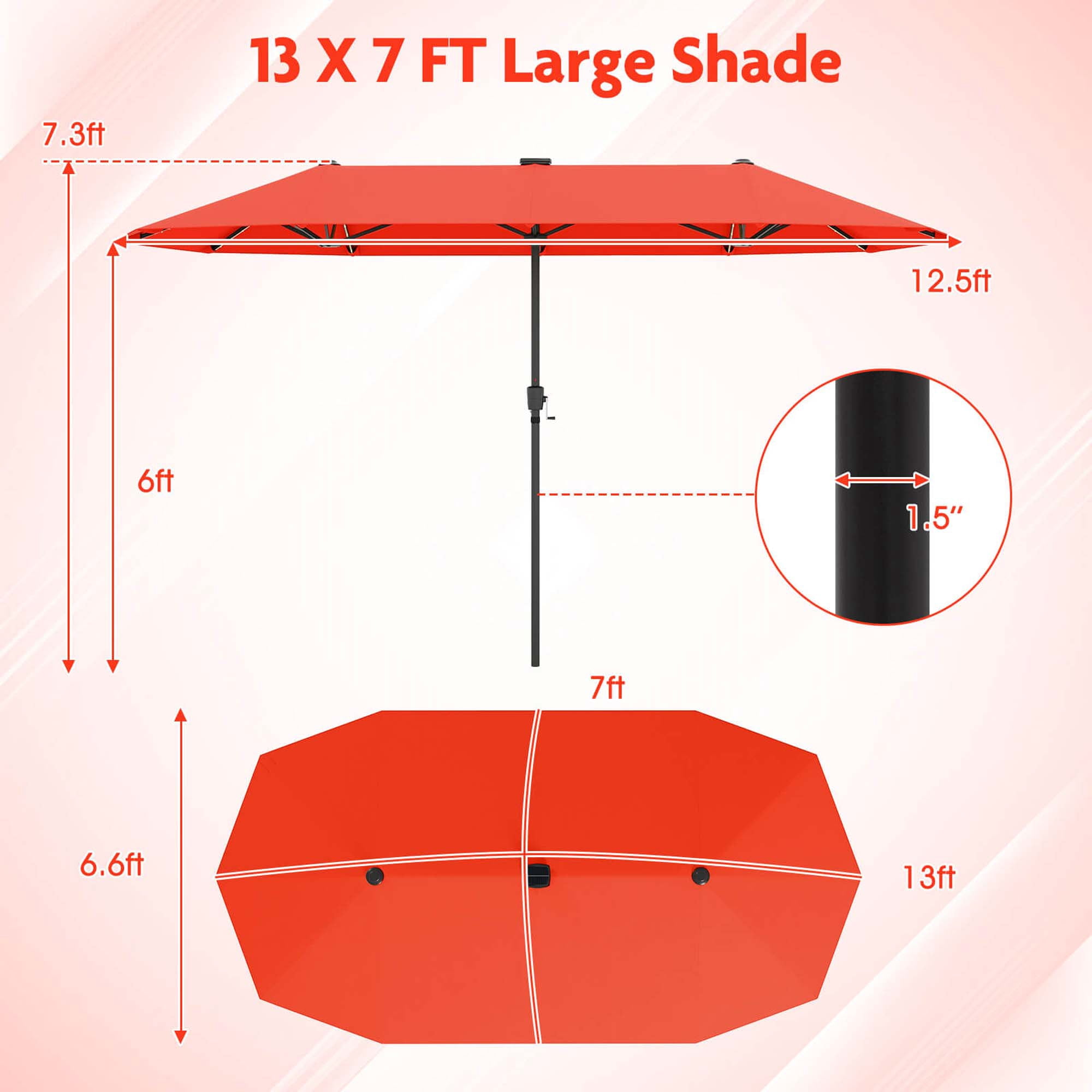 Costway 13 FT Large Patio Umbrella with LED Solar Lights Crank Handle 12 Heavy-Duty Ribs Orange