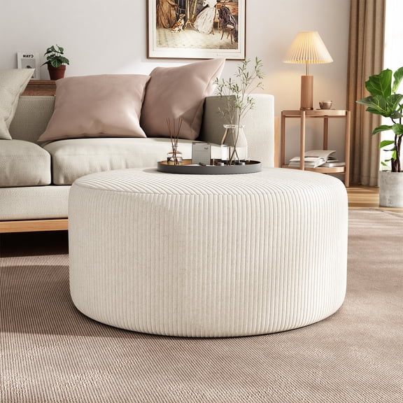 Miekor Furniture Upholstered Round Ottoman,Beige,Corduroy 85607
