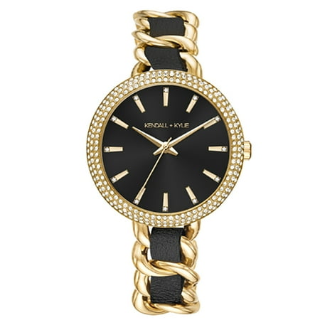 Kendall + Kylie Women's Gold Case Leather Strap Analog Watch, Black