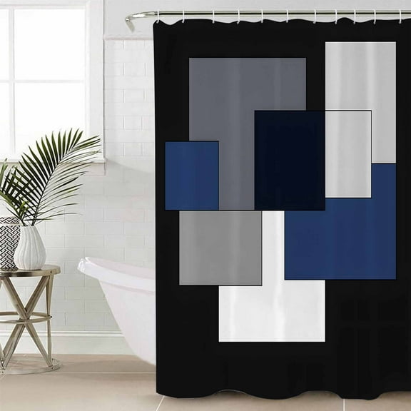 Black Blue White Waterproof Fabric Shower Curtain, Contemporary Minimalist Geometric Shower Curtain for Bathroom Curtains Bathtubs Hotel Washable Shower Curtains with 12 Hooks Small 36x78in