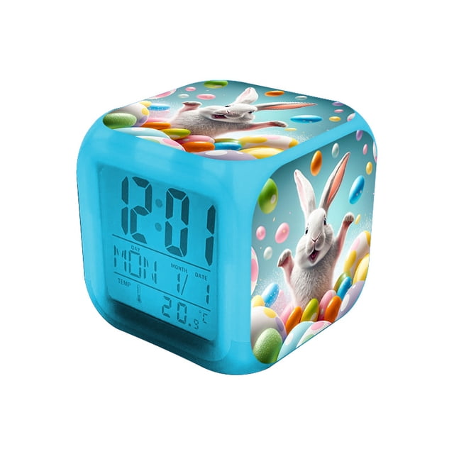 Despertador con pantalla LED colorida digital con diseño de conejo de pascua