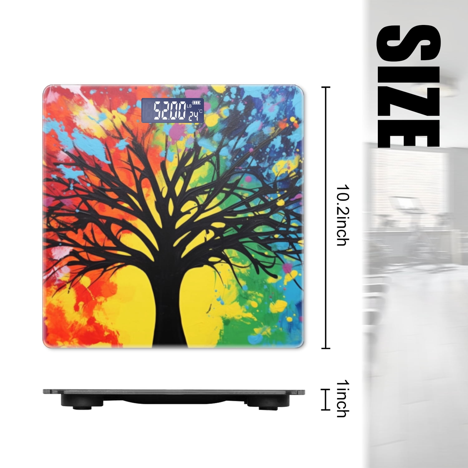 Bathroom Scale, Highly Accurate Digital Body Scale,Precisely Measures Weight up to 400 lbs-Black Tree Silhouette Against Vibrant Rainbow Background