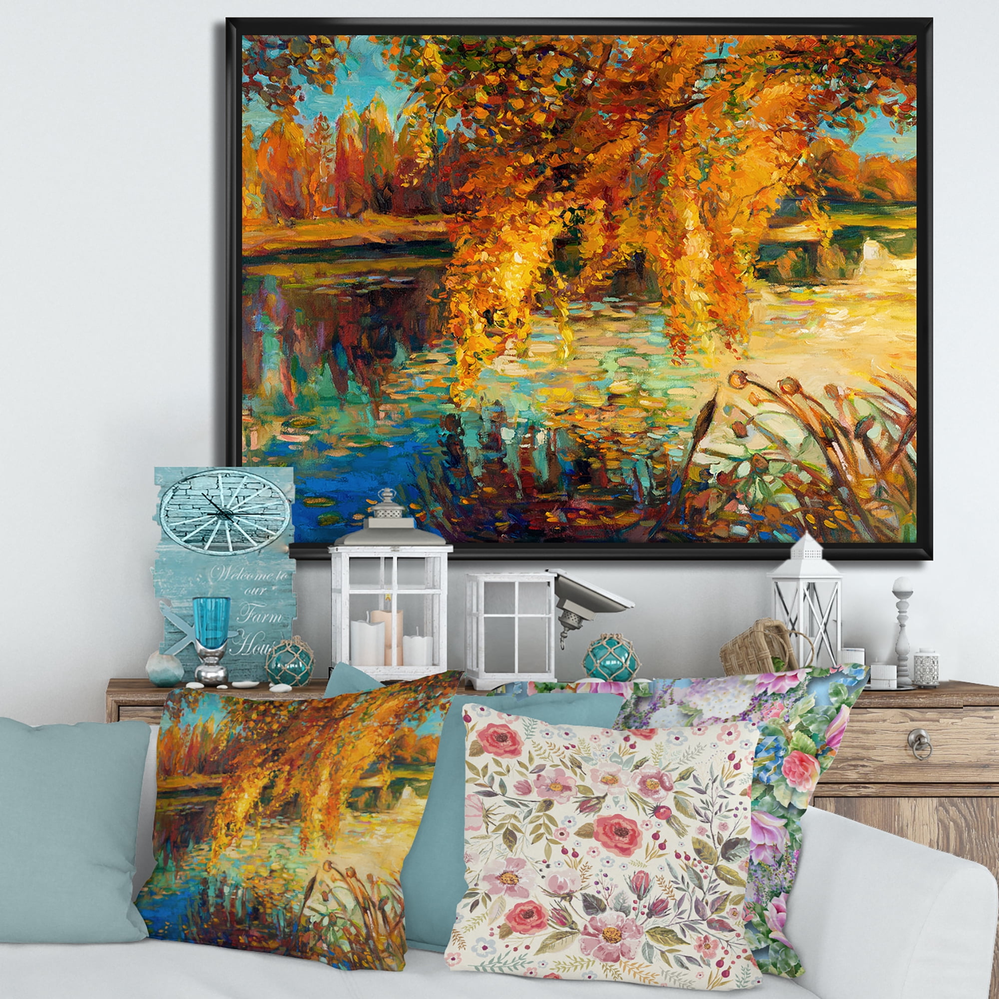 Designart 'Orange Autumn Forest Reflects On River' Lake House Framed Canvas Wall Art Print