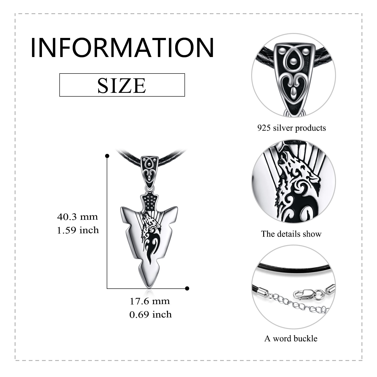 Arrowhead Necklace 925 Sterling Silver Wolf Viking Pendant Necklace Silver Spearpoint Leather Necklace Waterproof Cord Arrowhead Jewelry for Women Men