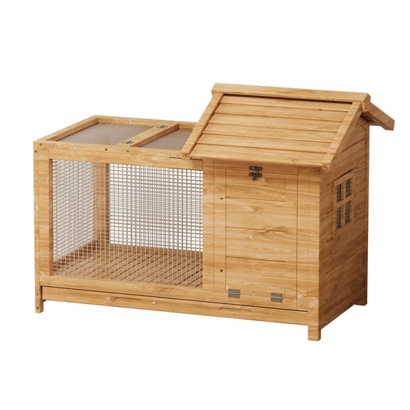 Wooden Rabbit Hutch Indoor and Outdoor, Large Rabbit Cage Chicken Coop Expandable, Weatherproof Bunny Cage with Anti-Chew Metal Frame Ramp for Backyard Small Animals Natural